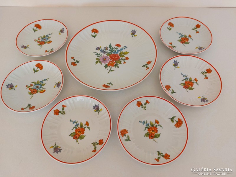 Retro Hollóházi porcelán virágos süteményes készlet mid century desszertes tányér 6 személyes