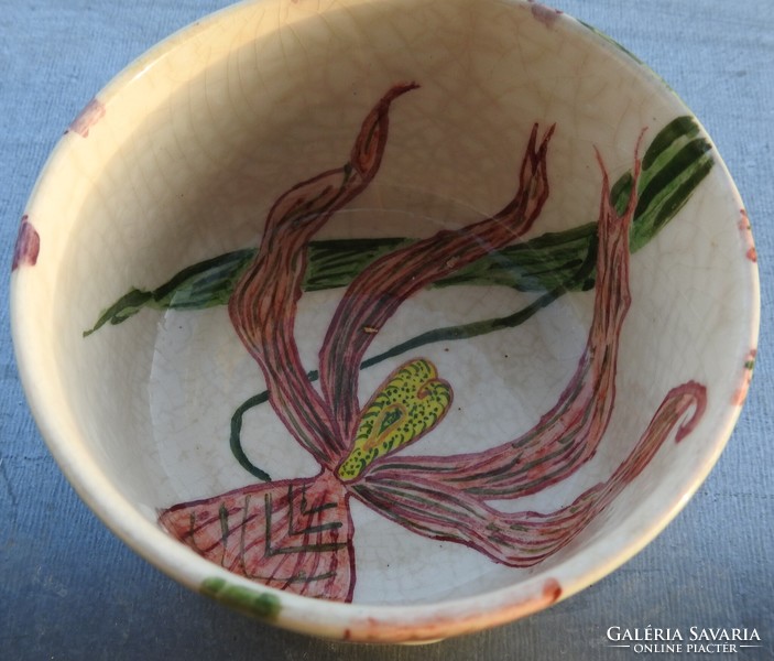 Old majolica hand-painted - orchid pattern - bowl