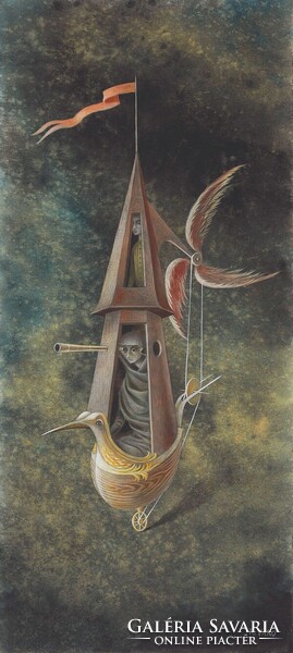 Remedios Varo Felderítő pilóta reprint nyomat, fantázia mese álomvilág furcsa repülő léghajó madár