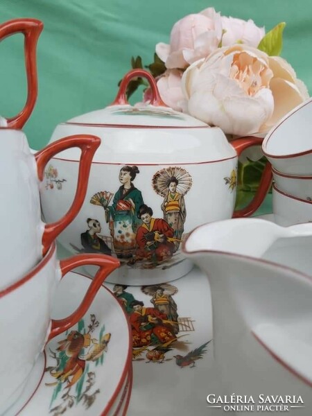 Gésás teáskészlet tálcával  porcelánok csésze cukortartó tejszínes Gyűjtői Gyönyörű darab keleti