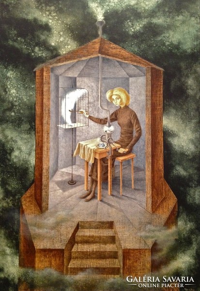 Remedios varo star porridge reprint print, fantasy fairy tale dream world moon stars sky surrealist