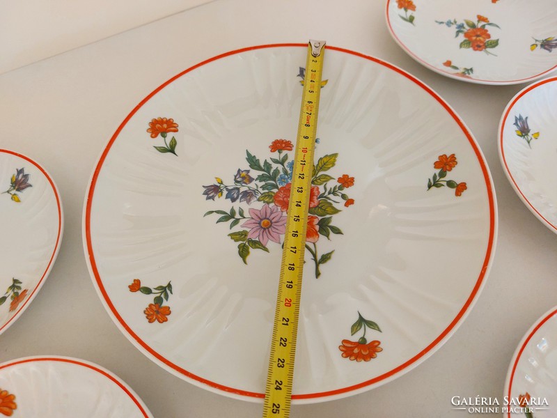 Retro Hollóházi porcelán virágos süteményes készlet mid century desszertes tányér 6 személyes
