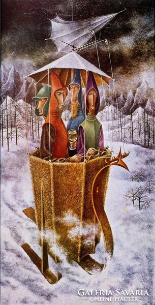 Remedios varo golden water expedition reprint print, dream world fantasy vehicle sleigh passengers winter landscape