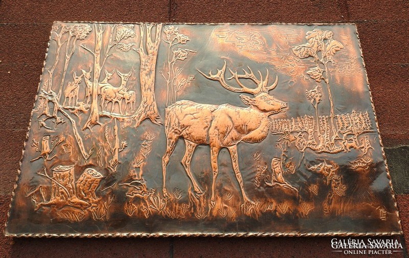 Galvano sculpture - marked goldsmith's work on a wooden plate - deer