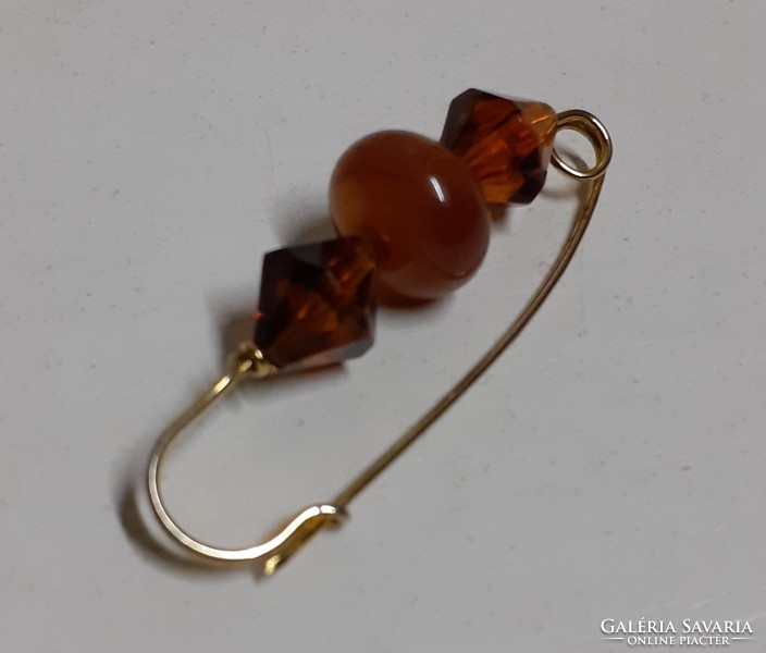 Nice Condition Gold Plated Brooch Pin Shawl Clasp Safety Pin Embellished with Amber Stones