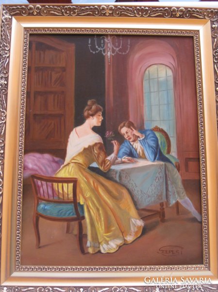 A picture depicting a life scene by contemporary painter Andor Szepesi, painted on a plate in a beautiful frame