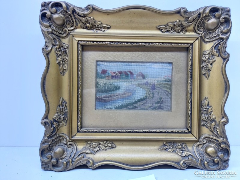Antique needle tapestry picture. Ferencz Hoffmann picture shop and picture frame factory in the framework of blondel