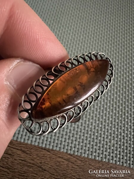 Old amber Russian silver ring