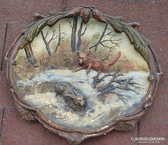 Xix. No. - Fox hunts for rabbits - Scenic antique wall ceramic bowl - wall bowl
