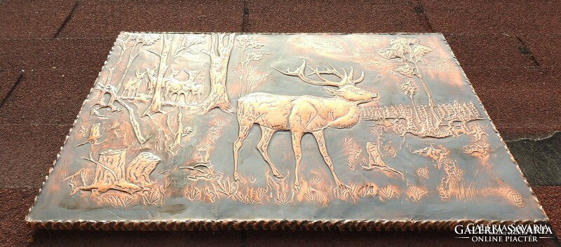 Galvano sculpture - marked goldsmith's work on a wooden plate - deer