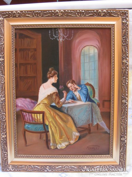 A picture depicting a life scene by contemporary painter Andor Szepesi, painted on a plate in a beautiful frame