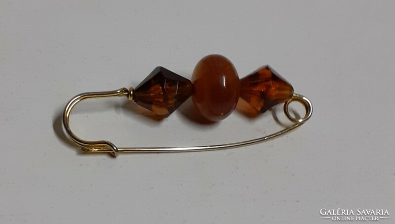 Nice Condition Gold Plated Brooch Pin Shawl Clasp Safety Pin Embellished with Amber Stones