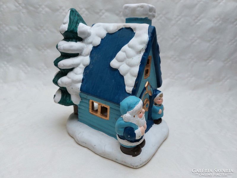 Christmas ceramic candle holder cottage snowy blue Santa's house