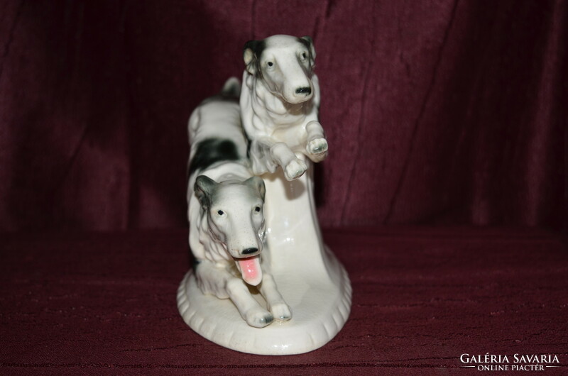 A pair of German sitzendorf Russian greyhounds with antique fur