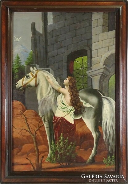 1L160 antique Russian painter 19th century: blond on a white horse in moonlight