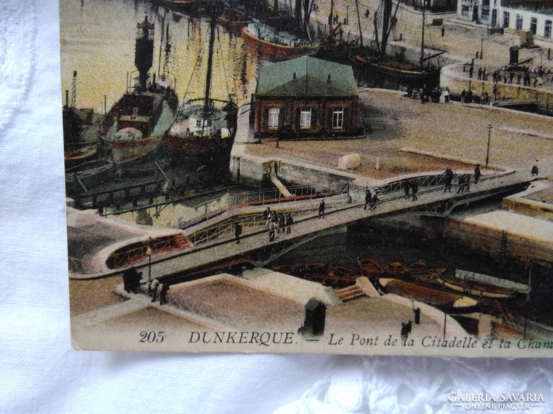 Antik francia fotólap/képeslap Dunkerque kikötő, Citadella-híd és Kereskedelmi Kamara 1910 körül