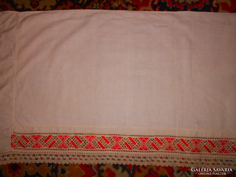 Antique linen-weave commode tablecloth with cut-out embroidered border 120 cm x 50 cm