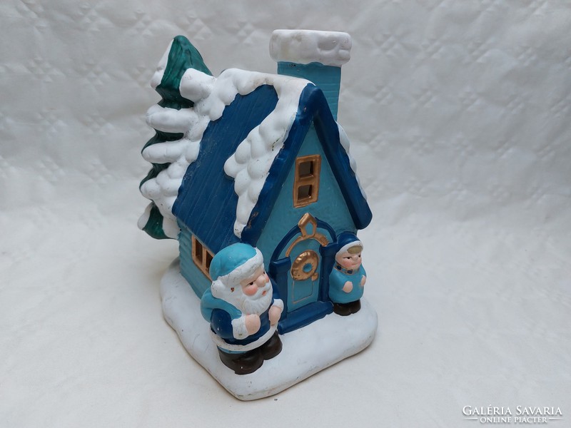 Karácsonyi kerámia mécsestartó házikó havas kék Mikulásház