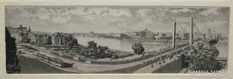 Nagy Zoltán (1916-1987): Budapesti panoráma az Erzsébet híddal - selyemre nyomott rézkarc