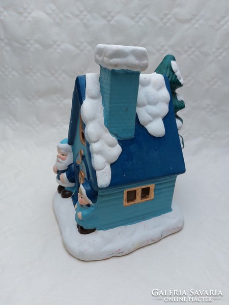 Karácsonyi kerámia mécsestartó házikó havas kék Mikulásház