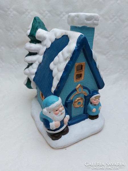 Christmas ceramic candle holder cottage snowy blue Santa's house