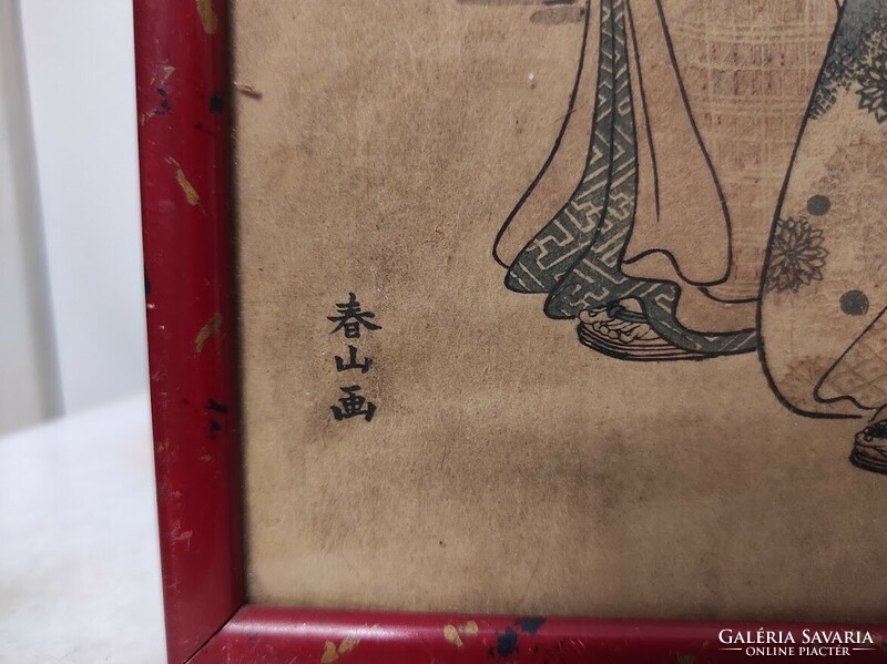 Antik Japán fametszet színezett papír feliratokkal jelzett gésa életkép 2 darab 930 6053