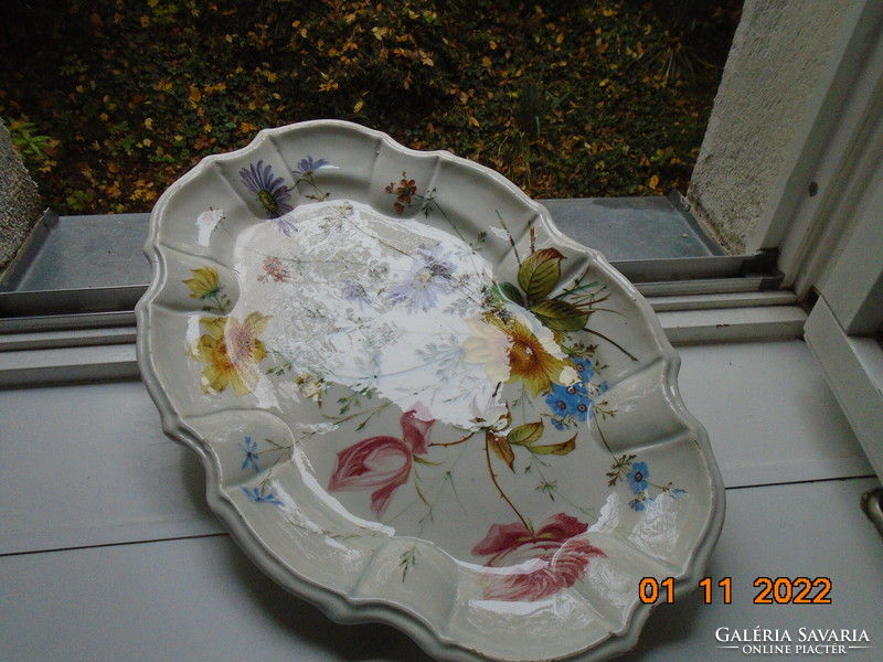 Renaissance revival giant spectacular oval majolica bowl with hand-painted renaissance flower pattern