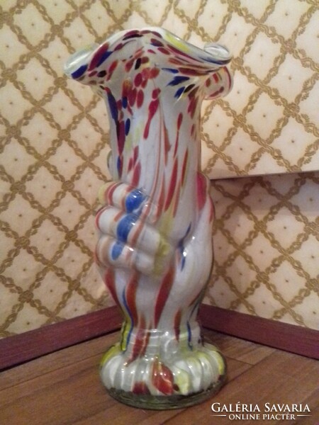 Vintage spatter colored glass vase shape of hand holding torch