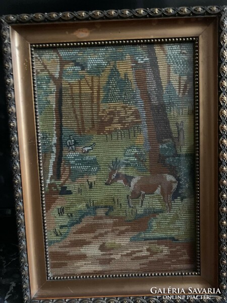 Antique hunter scene needle tapestry/goblein in an antique frame