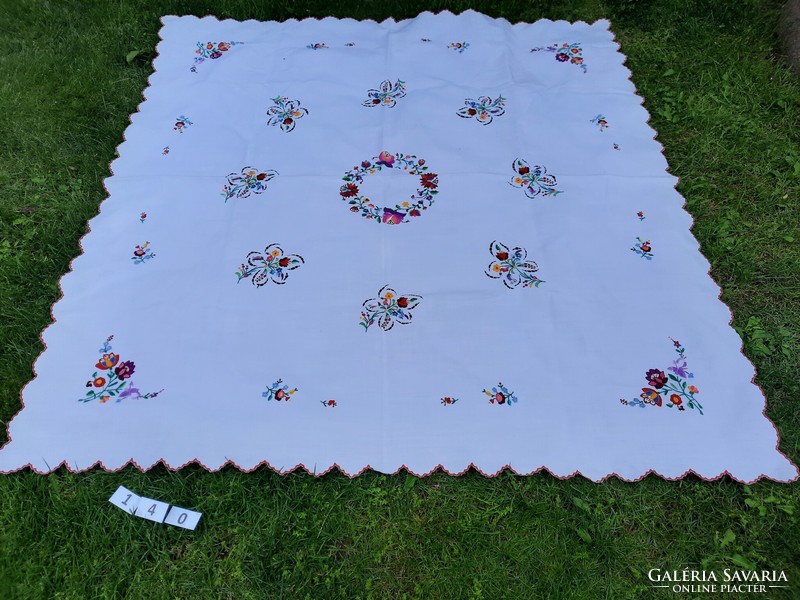 Wonderful large embroidered Kalocsa-style tablecloth with azure 140 x 140 cm