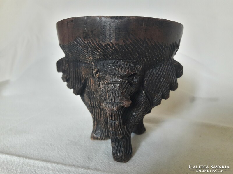 Hand carved African ebony elephant statue with bowl, candle or candle holder on back