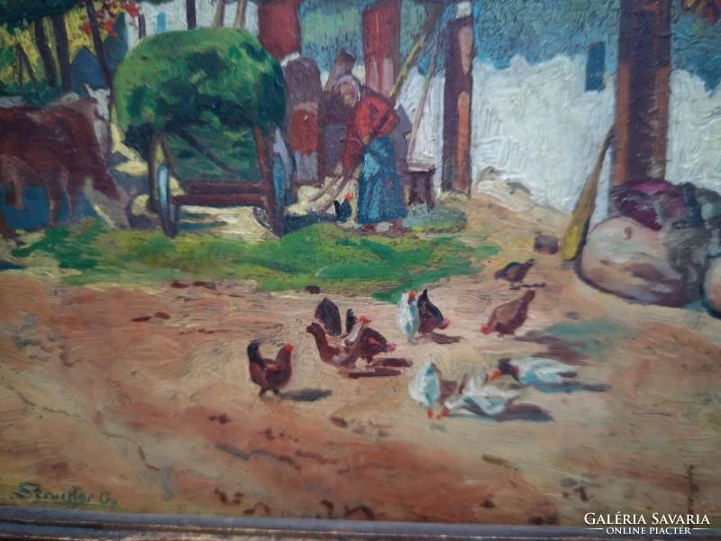 Antique landscape painting, village farm landscape, hens, cows, ladies, Harencz, Gutaházi, etc. style