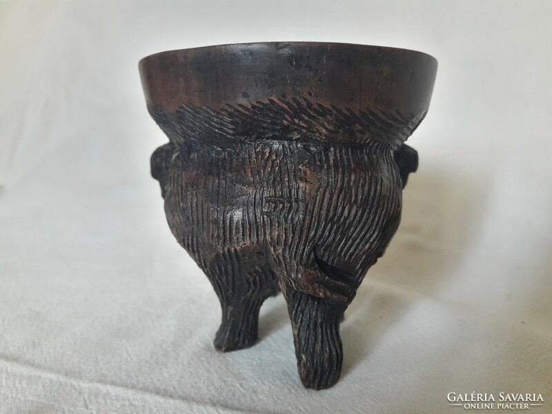 Hand carved African ebony elephant statue with bowl, candle or candle holder on back