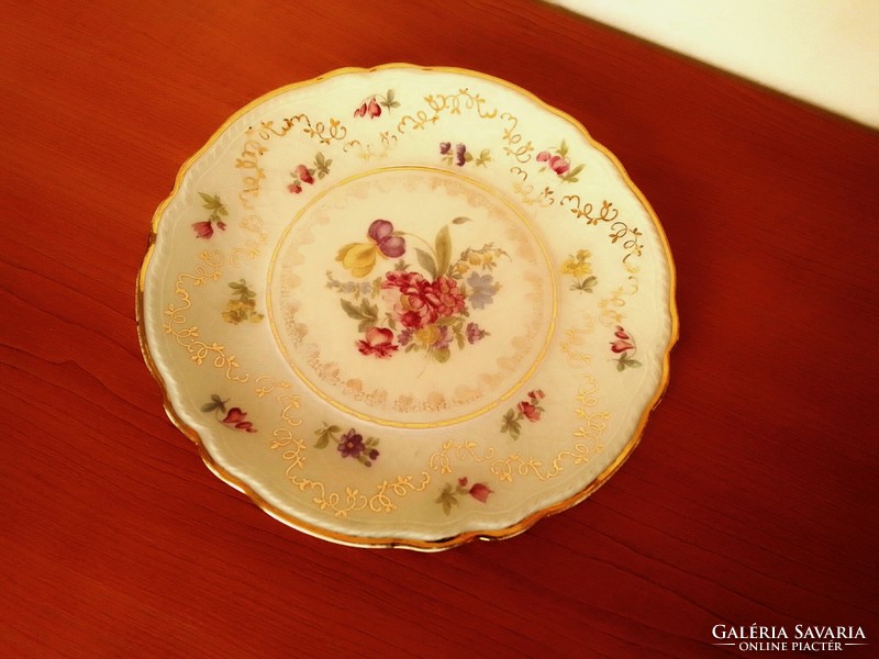 Nice old Bavarian marked German glazed porcelain decorative plate, gilt border floral pattern iris