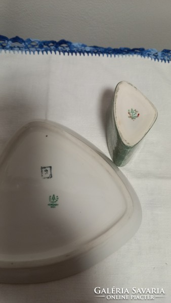 Retro hólloháza porcelain cigarette offering set, iridescent green color, marked, numbered