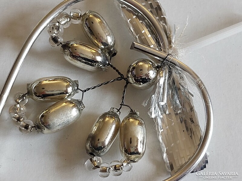 Régi üveg karácsonyfadísz ezüst szív alakú üvegdísz 2 db