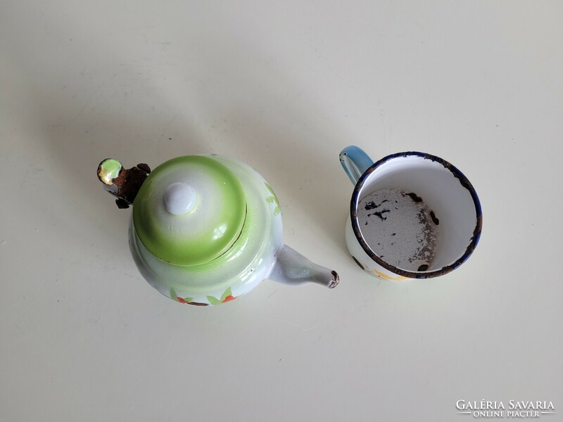 Régi virágos Lampart zománc kis kávéskanna és lepke kiskacsa kiscsibe mintás bögre gyerekbögre