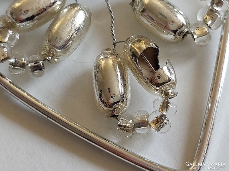 Régi üveg karácsonyfadísz ezüst szív alakú üvegdísz 2 db