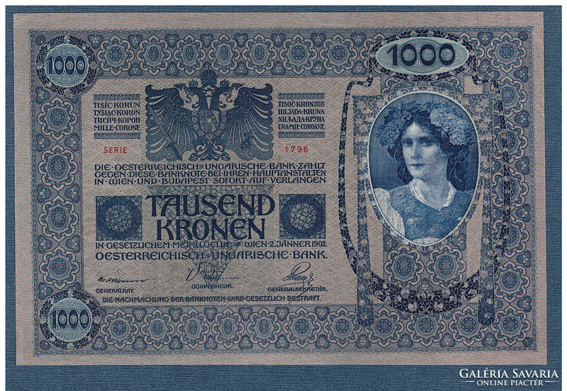 1000 Korona 1902 Deutschösterreich bélyegzés Azonos oldalak aUNC