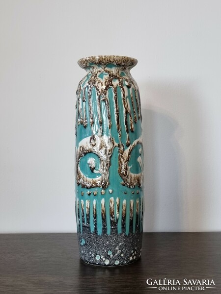 Craftsmanship ceramic vase, decorative fluted, with plastic glaze - 33 cm