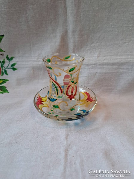 Turkish glass hand-painted tea cup + base