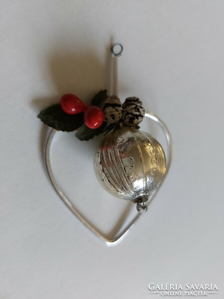 Régi üveg karácsonyfadísz ezüst szív alakú üvegdísz