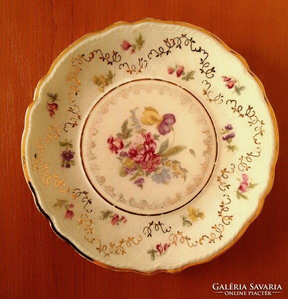 Szép régi Bavaria jelzett német mázas porcelán dísztányér, aranyozott szegély virágminta írisz