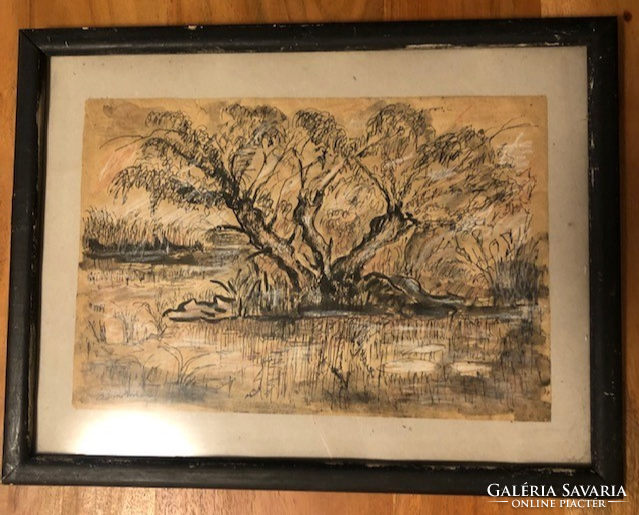 Charcoal drawing: tree in the swamp, 32.5*42.5 cm