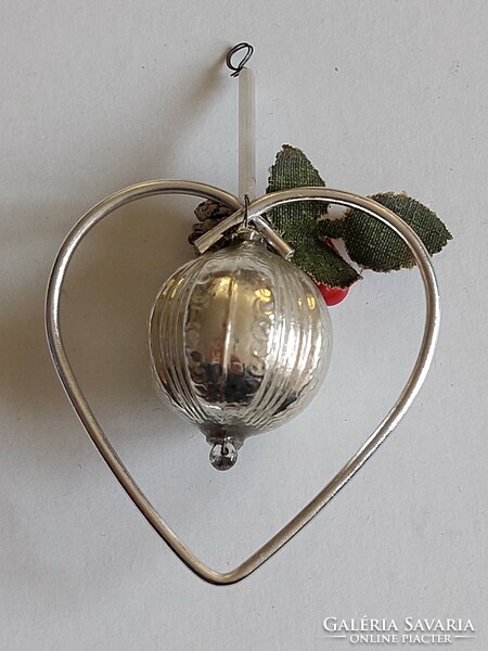Régi üveg karácsonyfadísz ezüst szív alakú üvegdísz