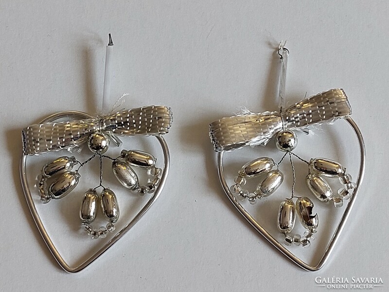 Old glass Christmas tree ornament silver heart-shaped glass ornament 2 pcs
