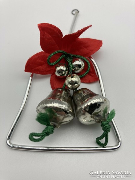 Régi üveg karácsonyfadísz ezüst szív és harang/csengő alakú üvegdísz
