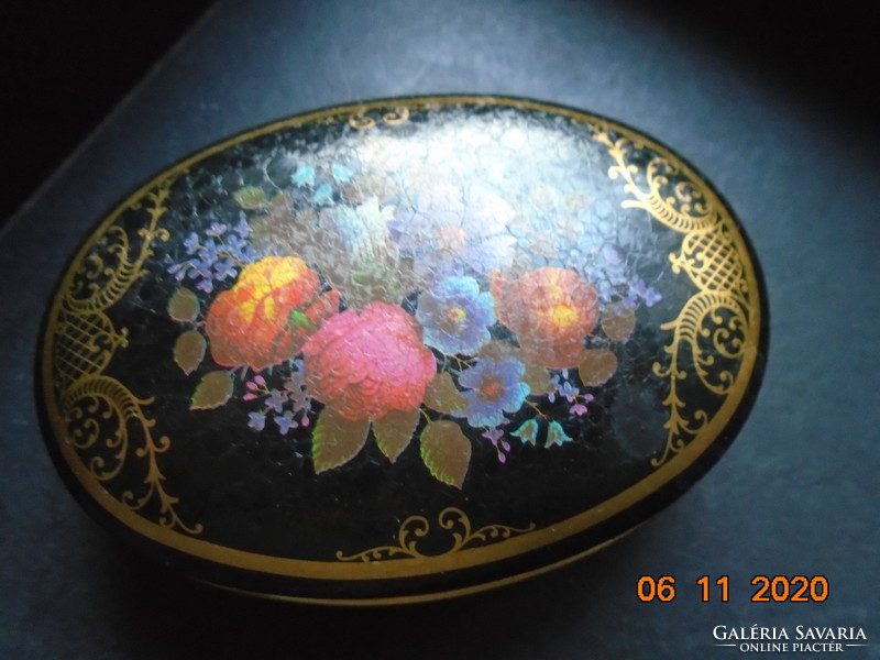 Victorian flower bouquet with painting, gold lace patterns, English oval metal candy box