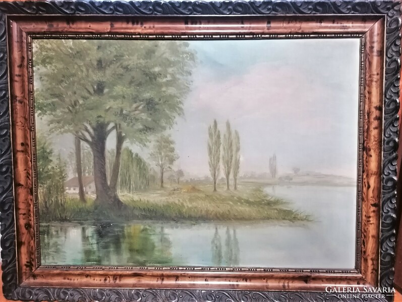 Riverside landscape, oil painting