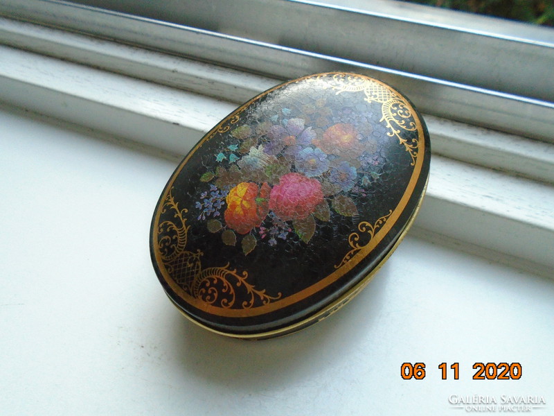 Victorian flower bouquet with painting, gold lace patterns, English oval metal candy box